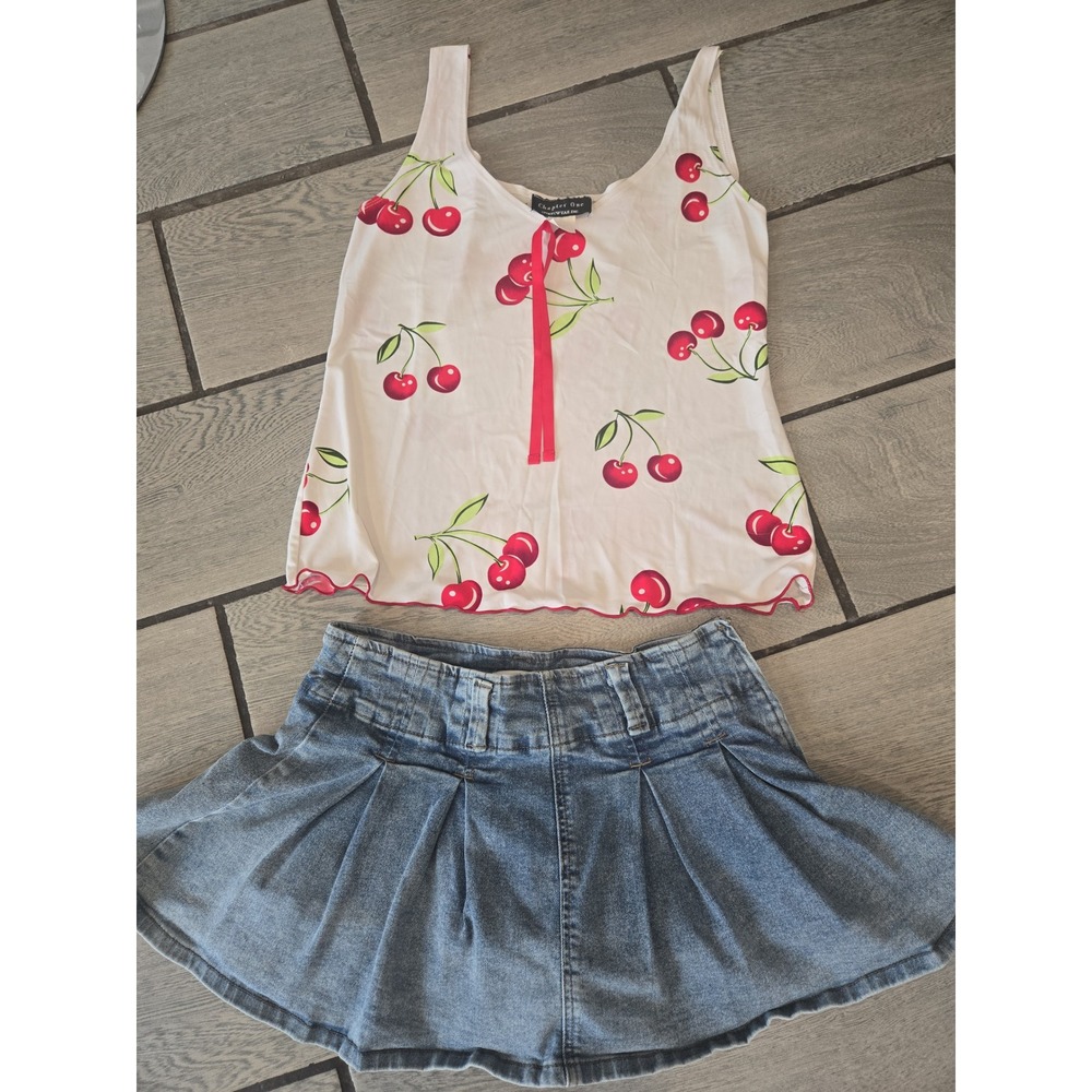 Y2K‎ Cherry Print Tank & Denim Pleated Mini Skirt Bundle